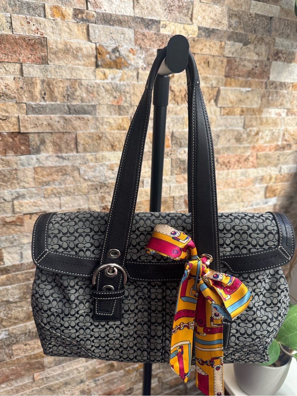 Coach Soho Black Signature Flap Jacquard Leather Satchel